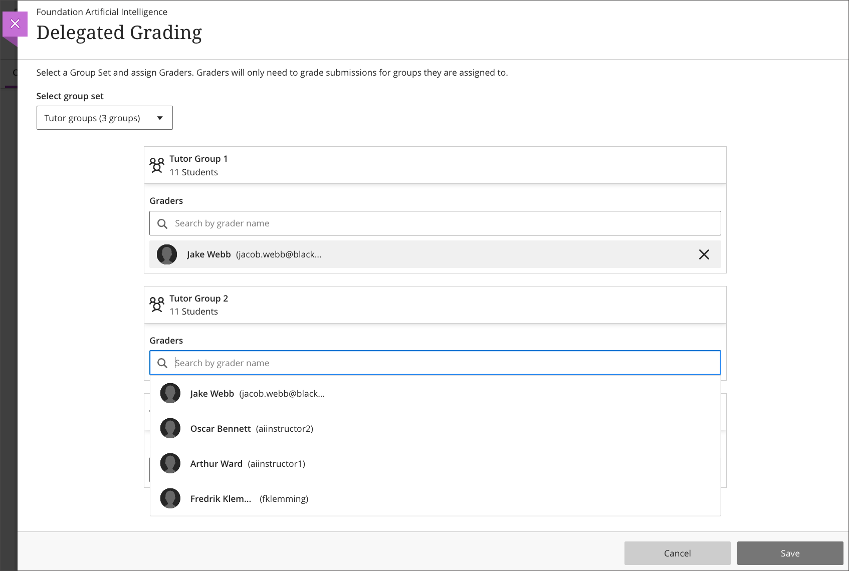 screenshot of the page to assign delegated graders to groups in the Ultra Course View