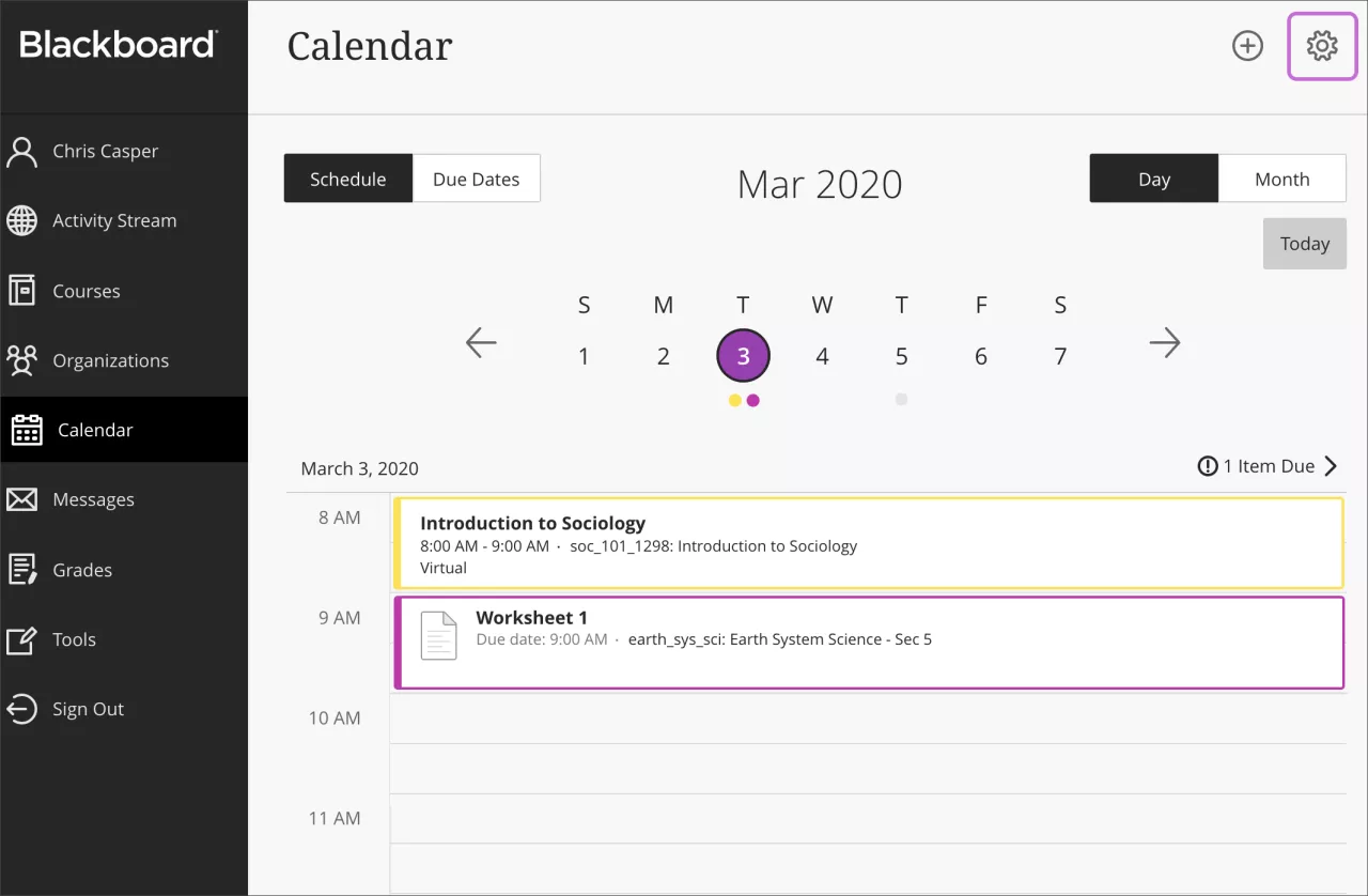 screenshot of Blackboard calendar tab on the base navigation