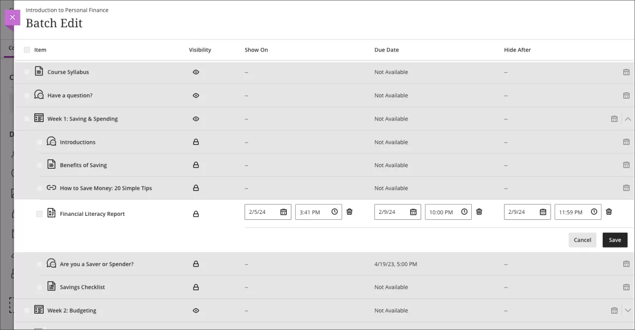 screenshot of batch edit page with the dates in edit mode for an individual assessment