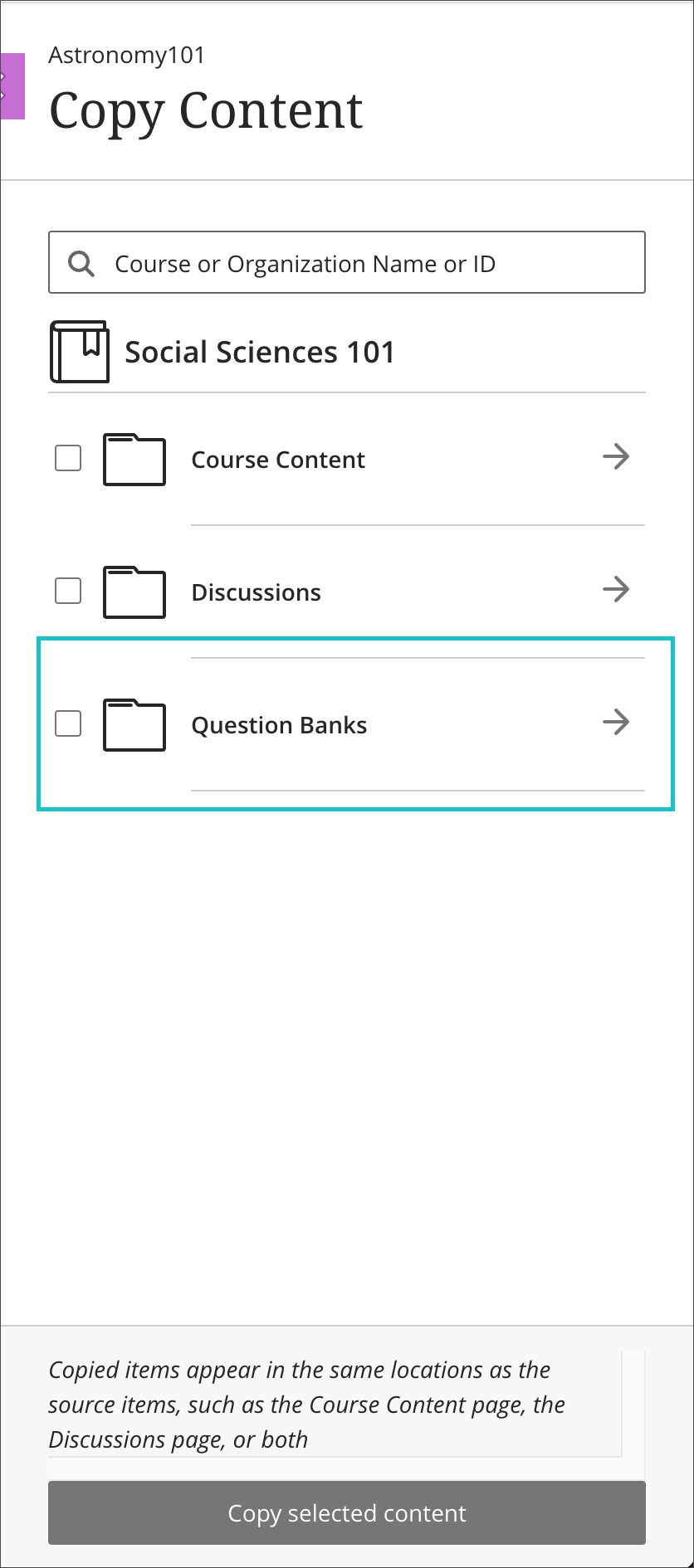 screenshot of copy panel in Ultra Course View highlighting the Question Banks option