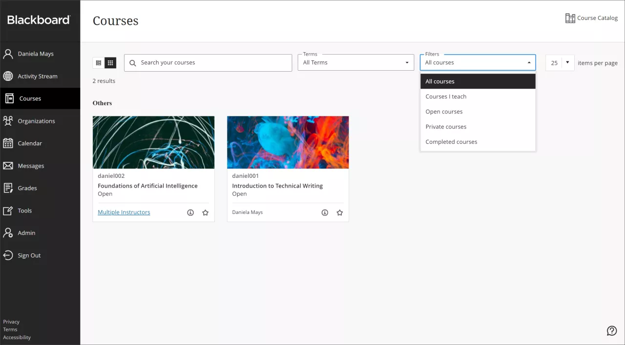screenshot of hte Ultra Courses page highlighting the filters that are available