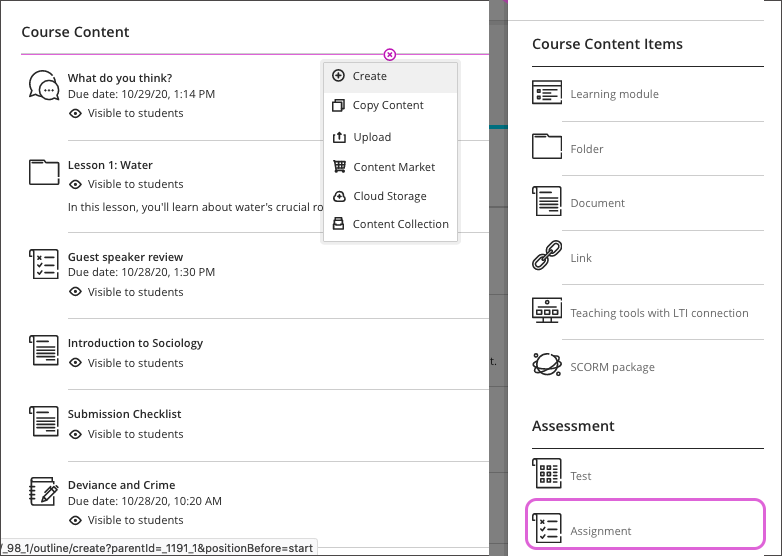 screenshot of blackboard ultra course content page highlighting the plus icon to add content