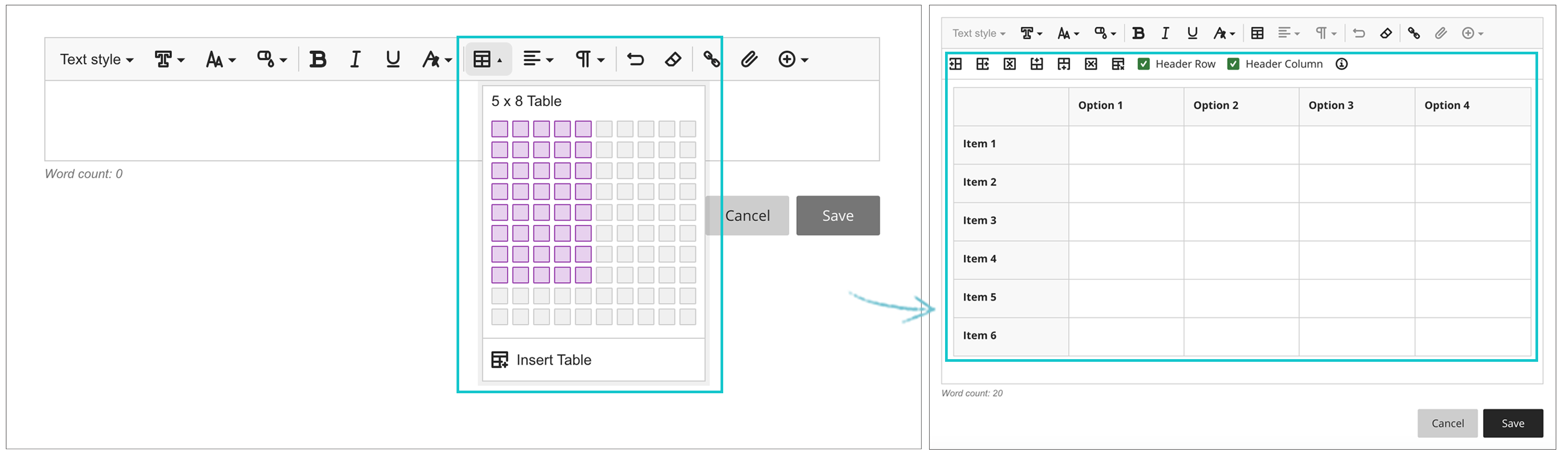 click the "table" icon in the toolbar and drag to indicate the desired number of columns and rows