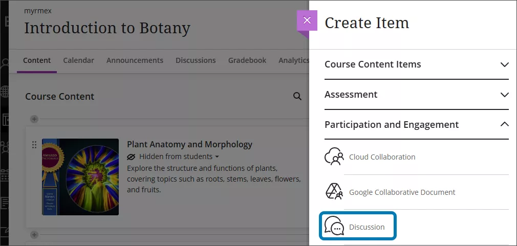 screenshot of the Create panel open to highlight the Discussion option