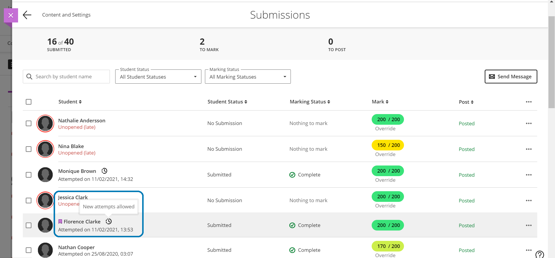 screenshot of the student submission page for an assessment, highlighting the exception icon next to a student's name