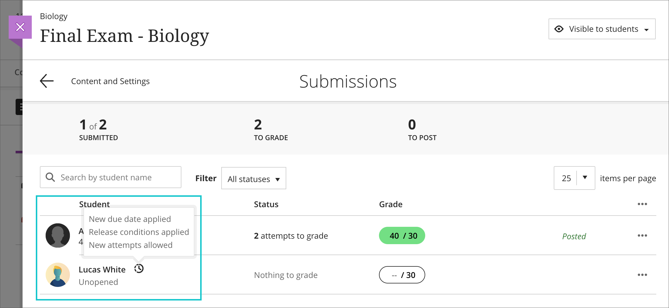 screenshot demonstrating that you can view existing exceptions by hovering your cursor over the clock icon next to a student's name in the submissions list view