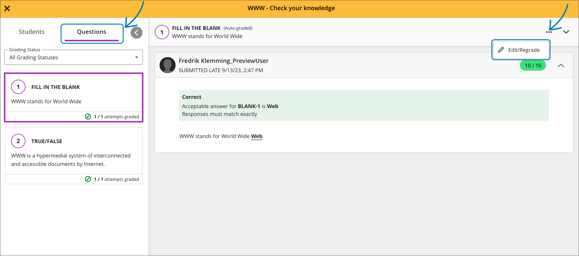 screenshot of grading by question in the Ultra Course View highlighting the menu to edit or regrade the question