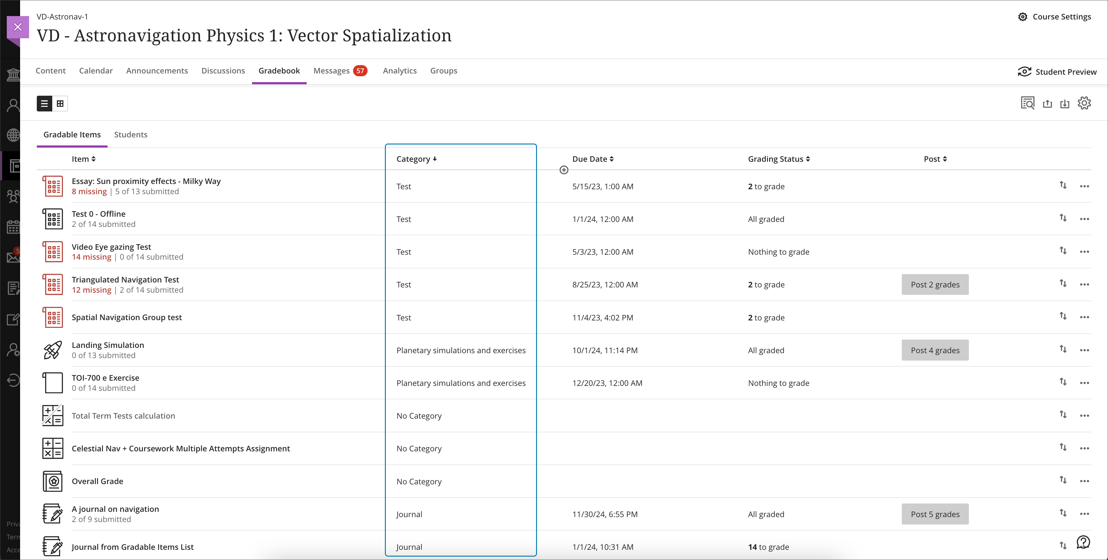 screenshot of the list view of the gradebook highlighting the addition of a column for the category of each graded item