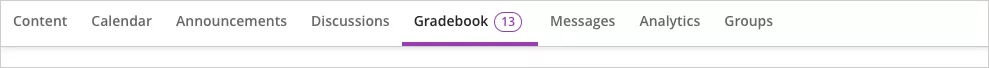screenshot of the top navigation of a course in Blackboard showing 13 items to be graded next to the Gradebook tab