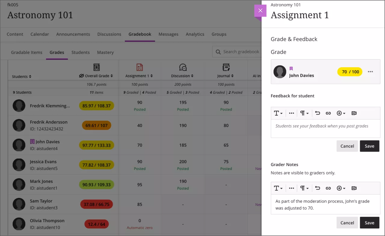 screenshot of the feedback and notes panel for a student submission