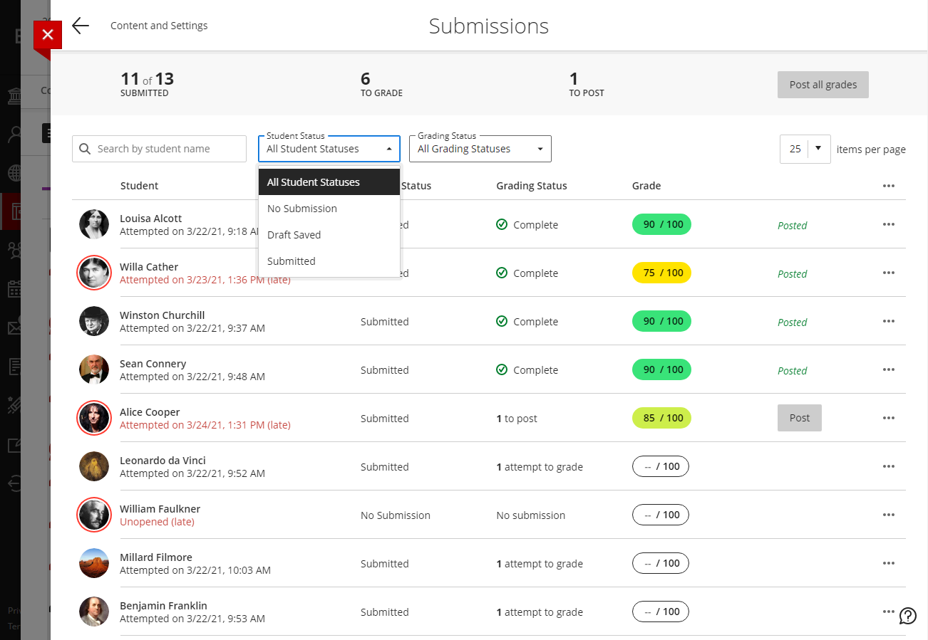 screenshot of list of student submissions to an assignment in the Blackboard Ultra Course View with the student status filter menu open