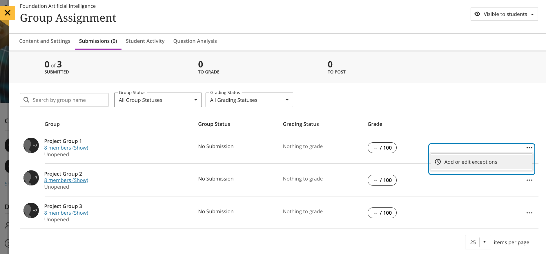 screenshot of the submission tab for a group assignment showing the overflow menu open for one group and highlighting the ability to add or edit an exception