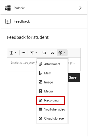 screenshot demonstrating clicking the add content button to insert a feedback recording