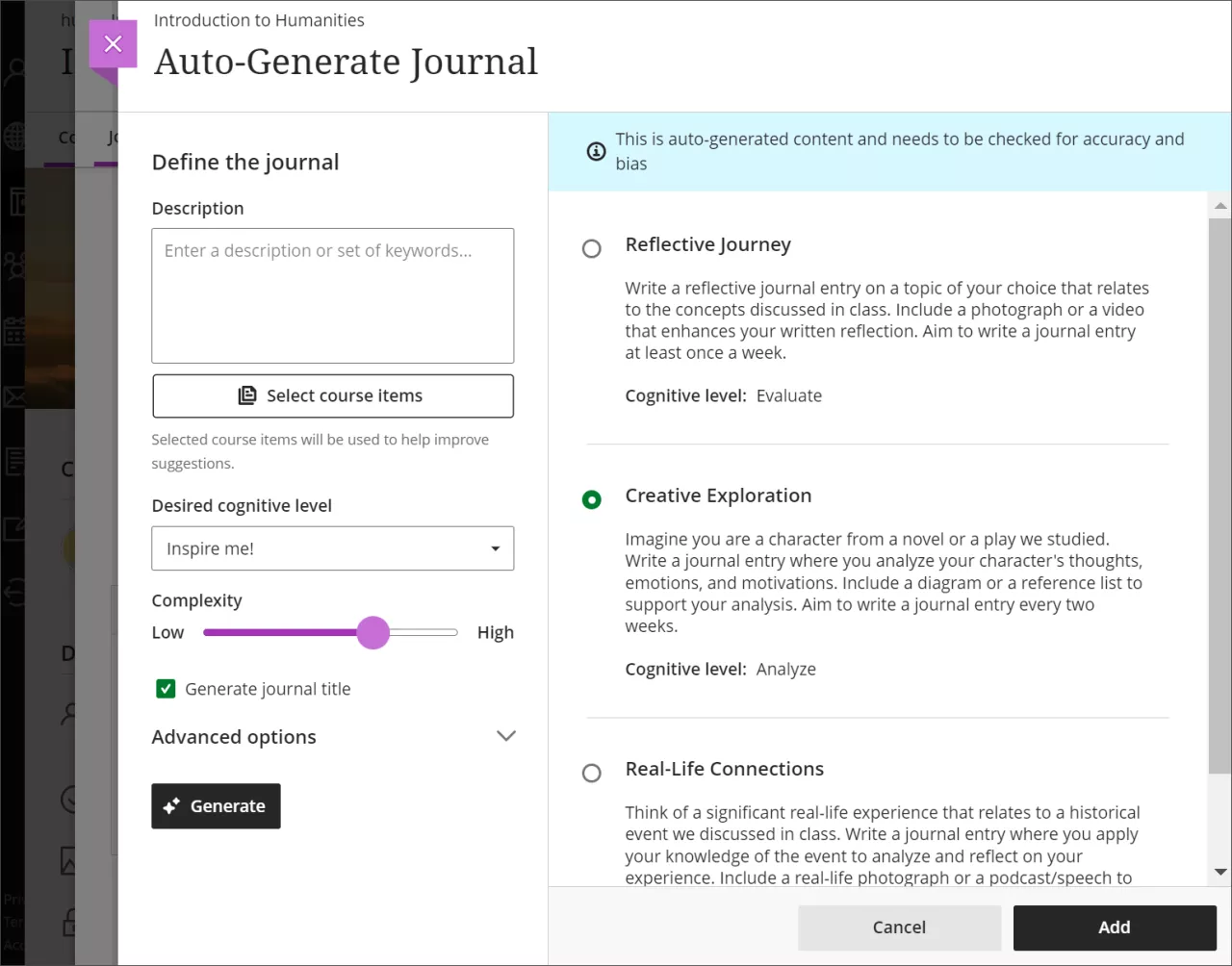 screenshot of a journal prompt generated by the AI design assistant