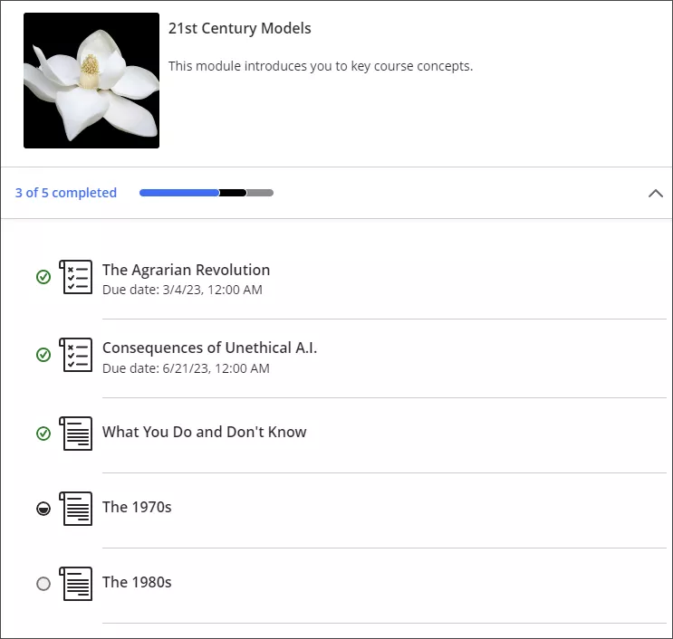 screenshot of a learning module titled "21st Century Models" with a photo of a white flower on a black background. Three of five items in the folder are complete.
