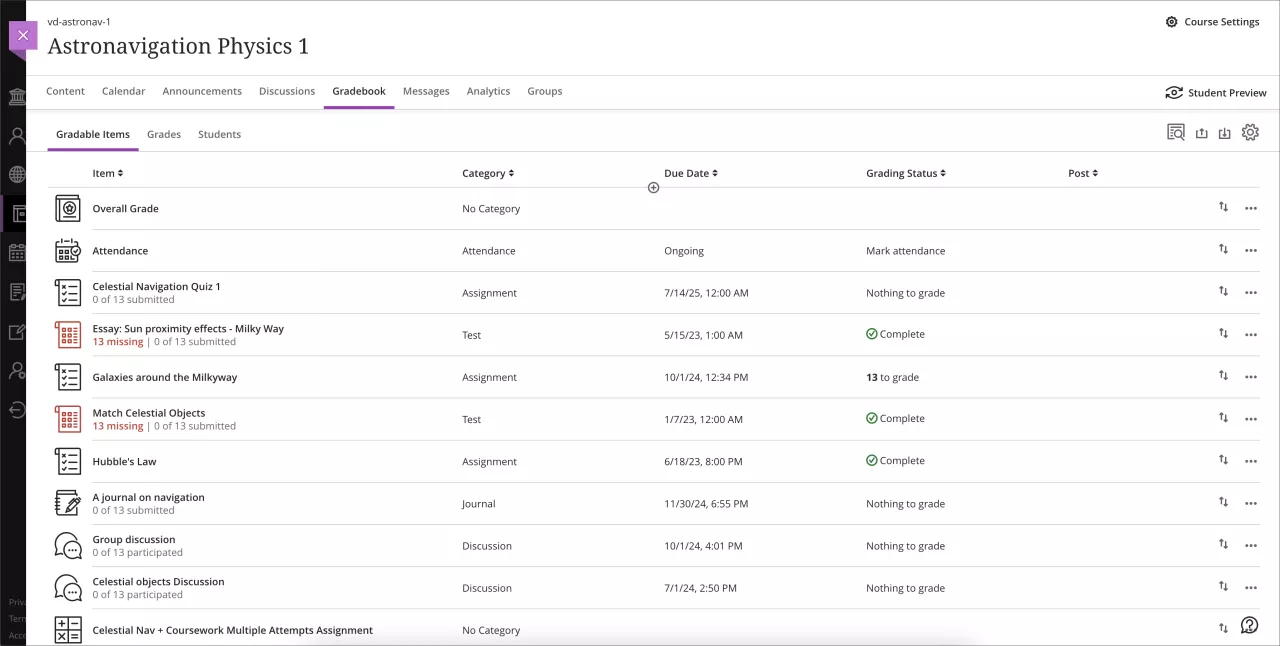 screenshot of the new navigation in the Ultra Gradebook