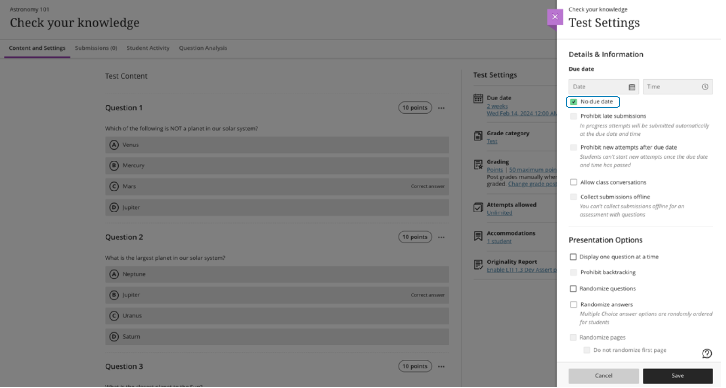 screenshot of the settings panel for a test highlighting the no due date checkbox just below the due date field