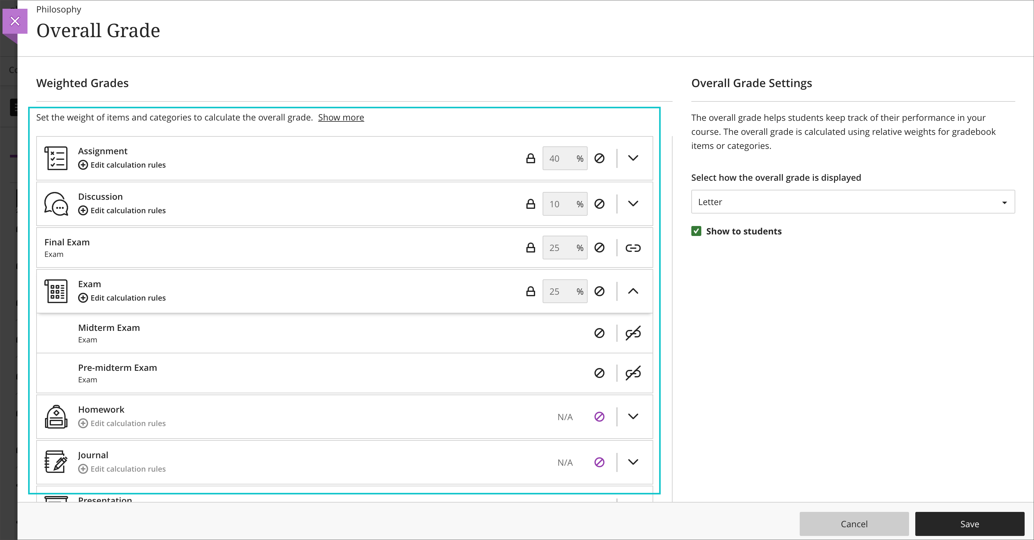 screenshot demonstrating both categories and individual items used to weight grades