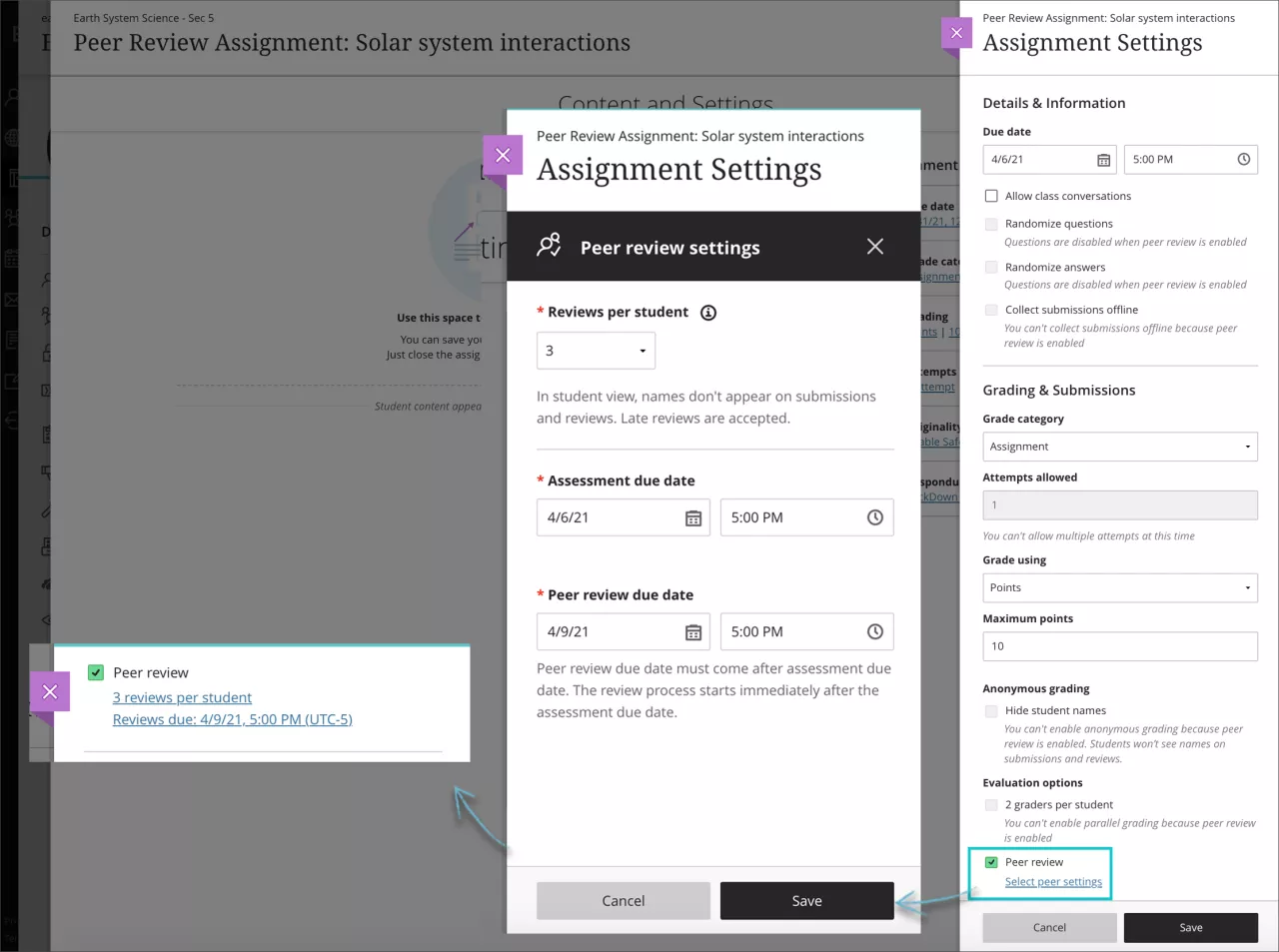 screenshot highlighting the Peer review setting in the assignment settings