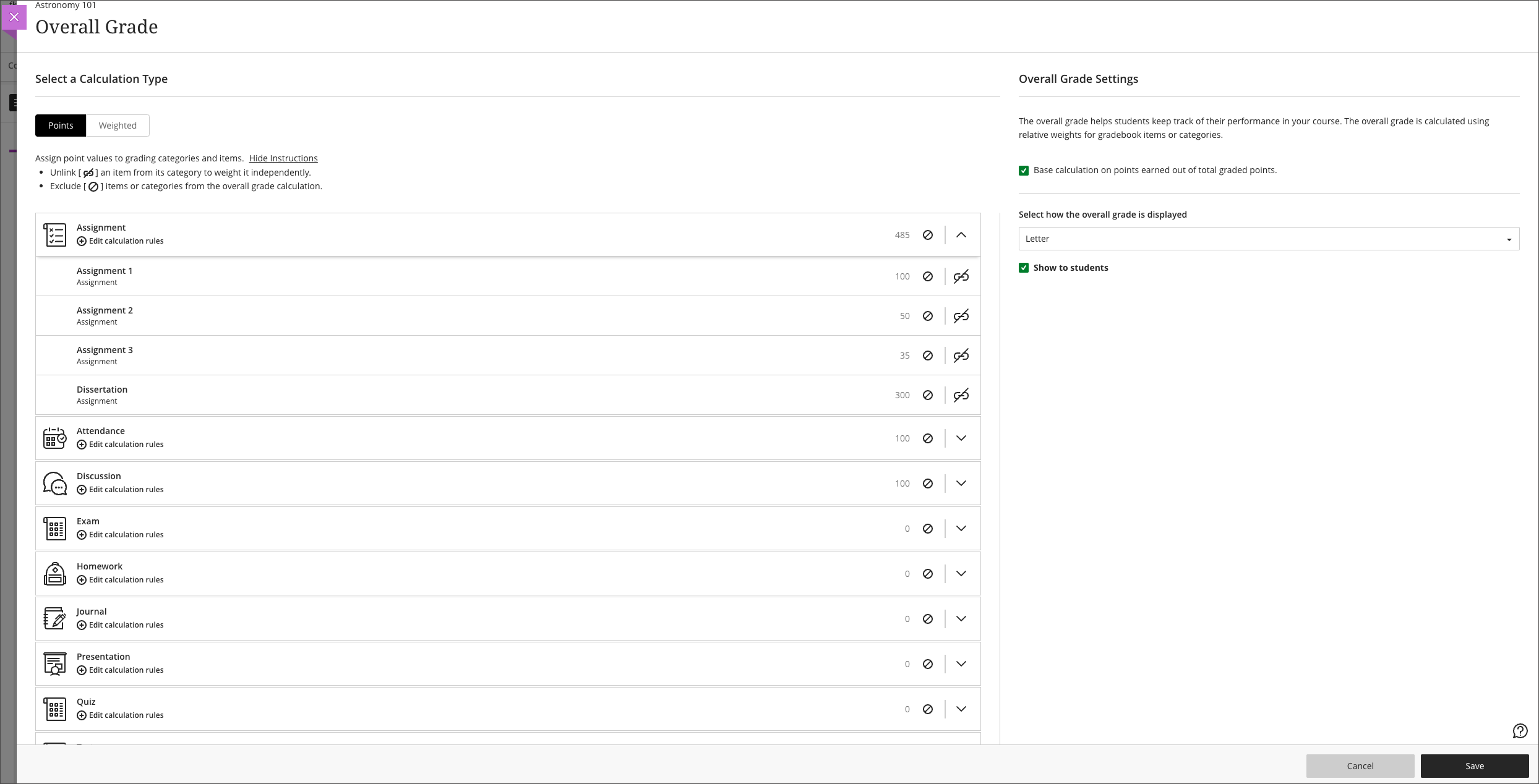 screenshot of point-based overall grade calculation