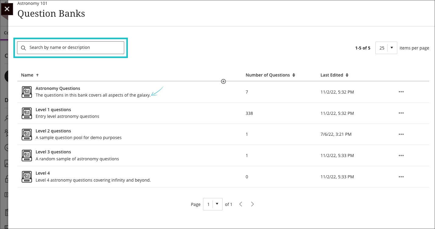 screenshot of the Question Banks page highlighting the search field