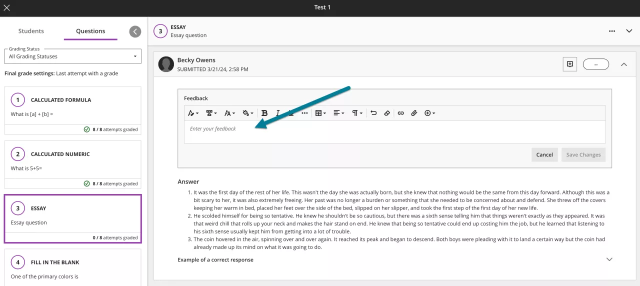 screenshot of a test being graded question-by-question, highlighting the Feedback box