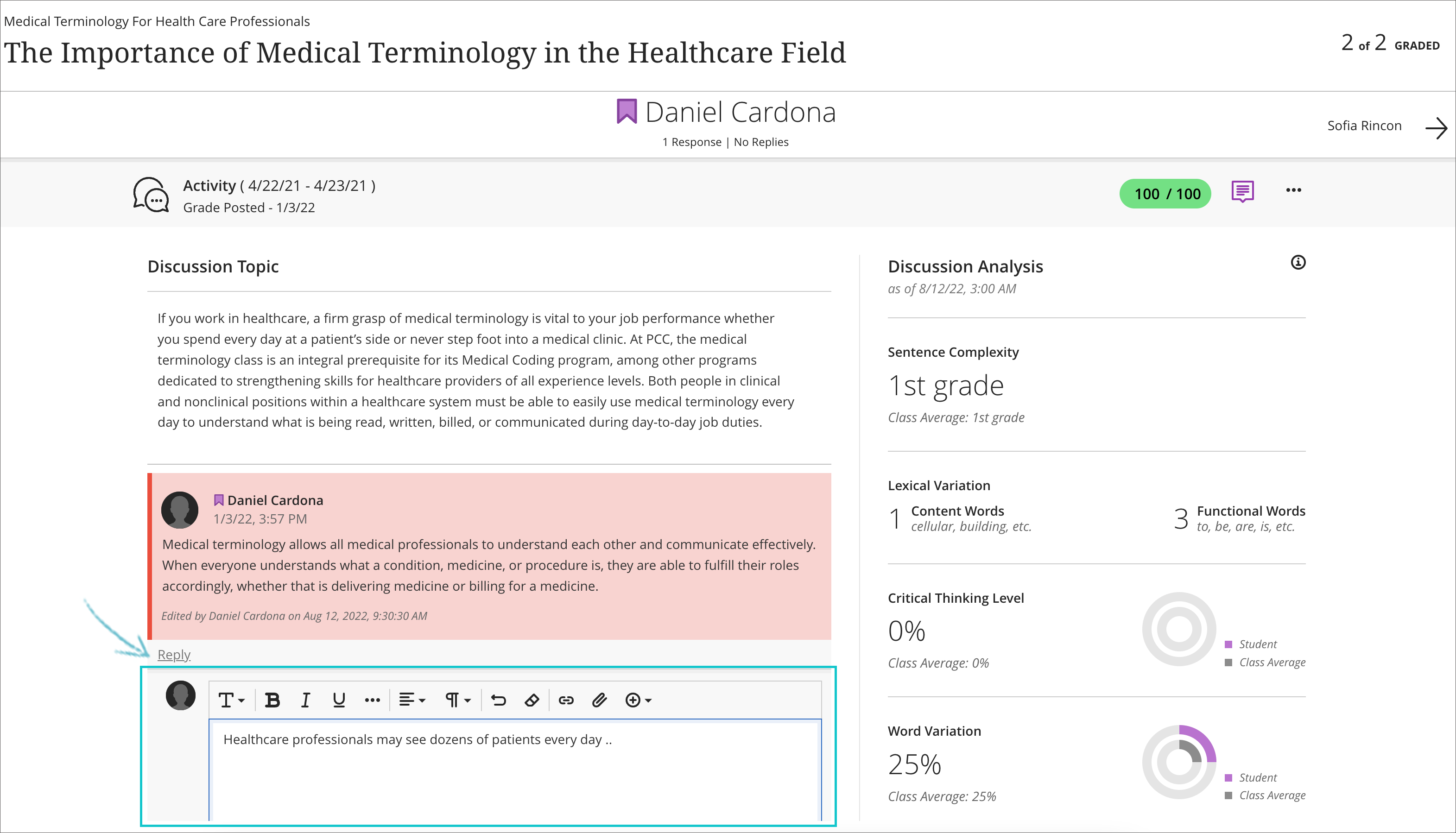 screenshot of the individual student grade page for a discussion, highlighting the ability to reply to the student's post