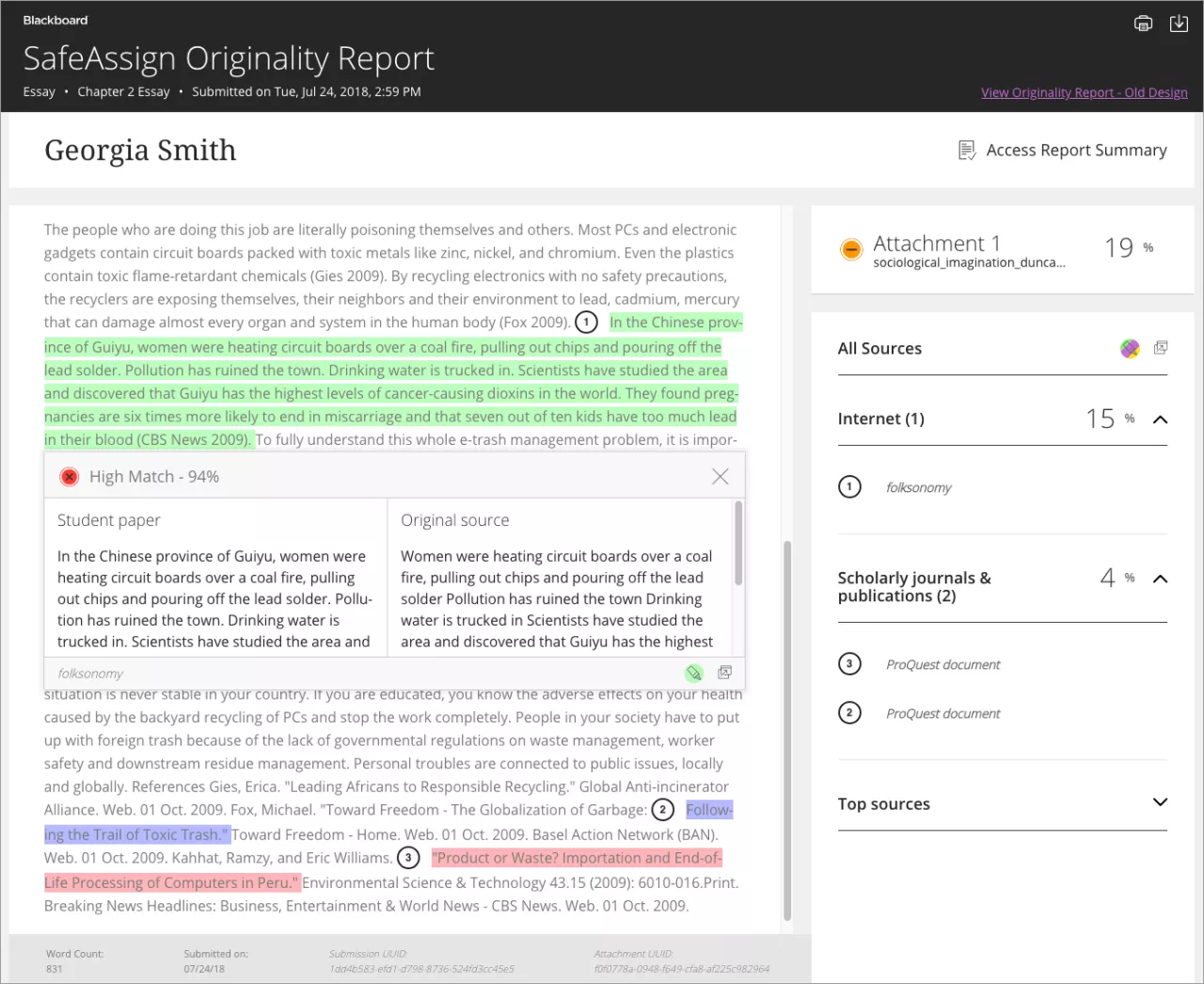 screenshot of the SafeAssign Originality report