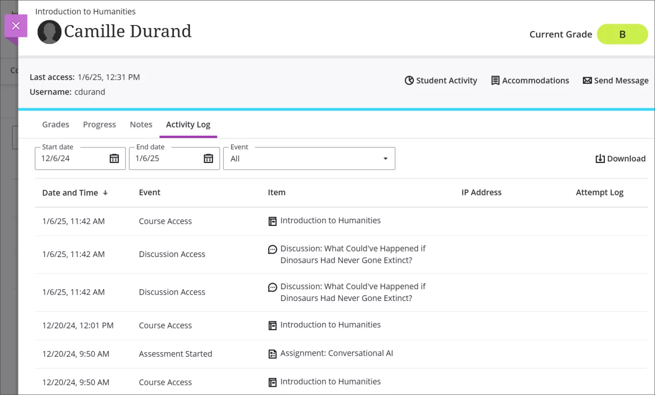 screenshot of a sample student activity log