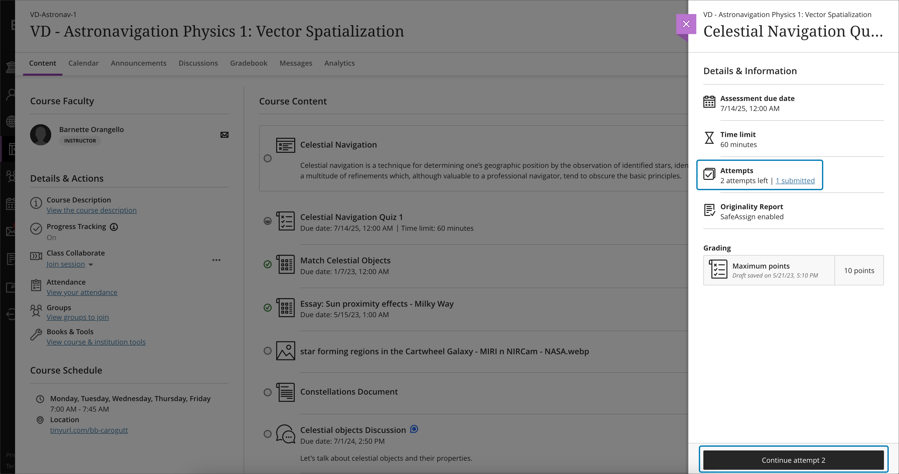 screenshot of assessment peek panel highlighting continue attempt button 