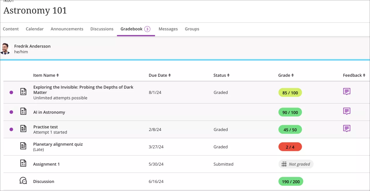 screenshot of the student view of the Gradebook showcasing the number of new grades marked on the Gradebook tab and purple dots indicating new grades 