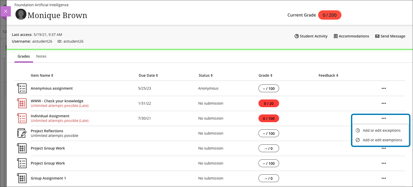 screenshot of the student overview page in Ultra Course View highlighting the add exceptions option under the ellipsis menu