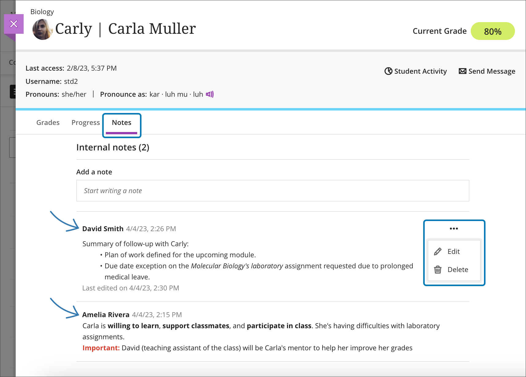 screenshot of student overview notes tab highlighting notes from multiple authors