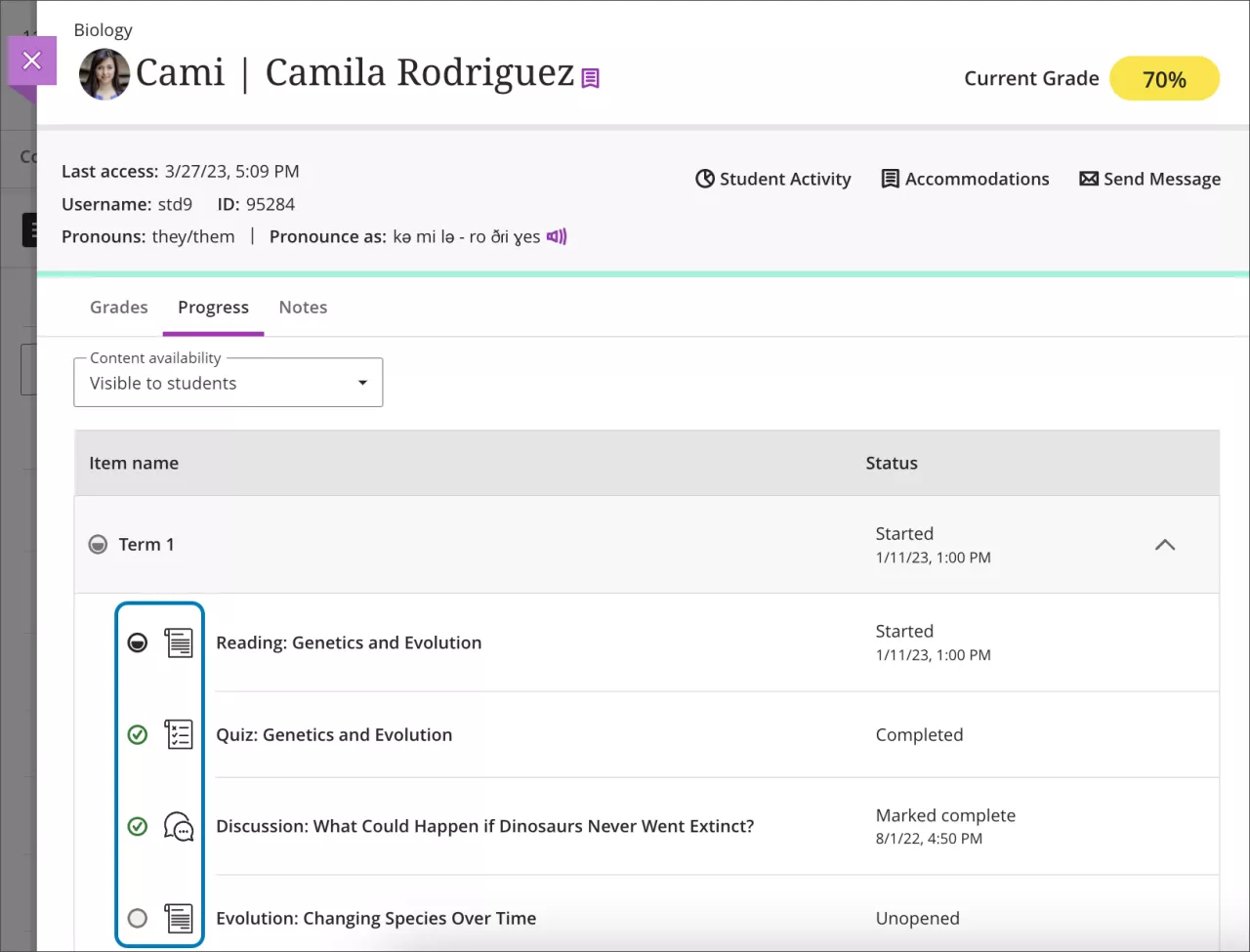screenshot of student overview report highlighting the progress tab