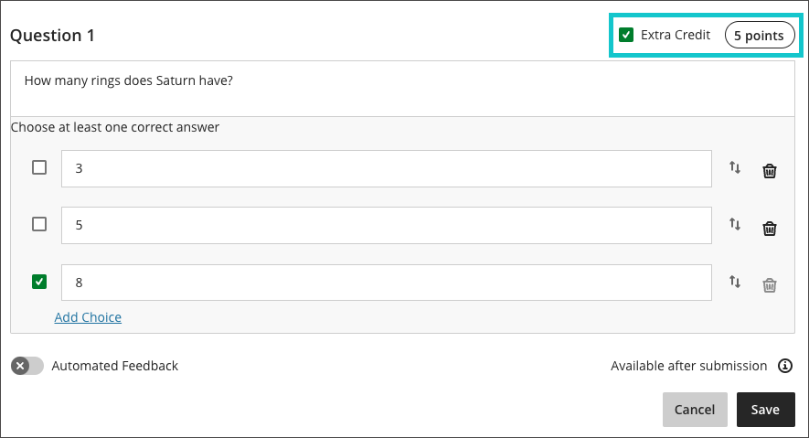 screenshot of a test question highlighting the extra credit checkbox