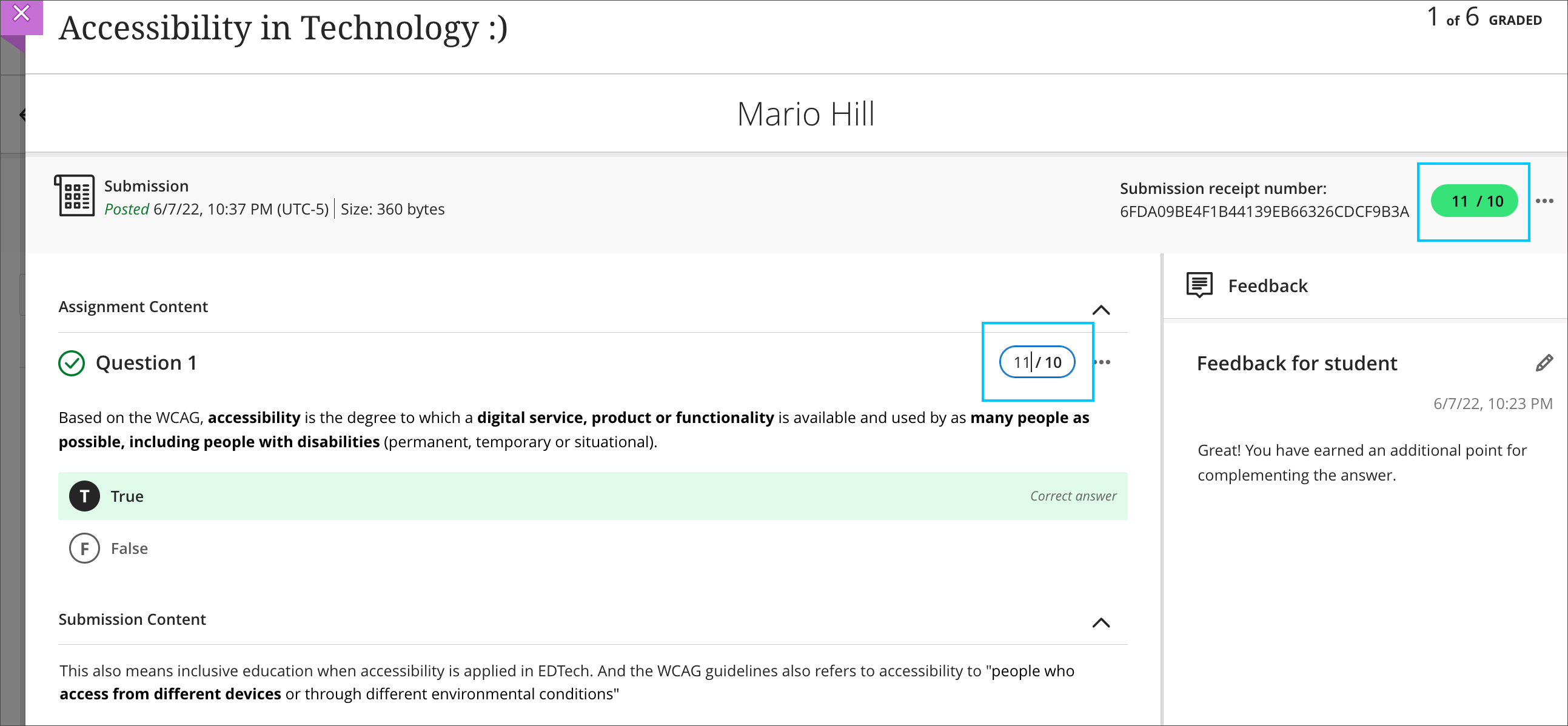 screenshot showing the ability to update the score in the grade pill for a single test question