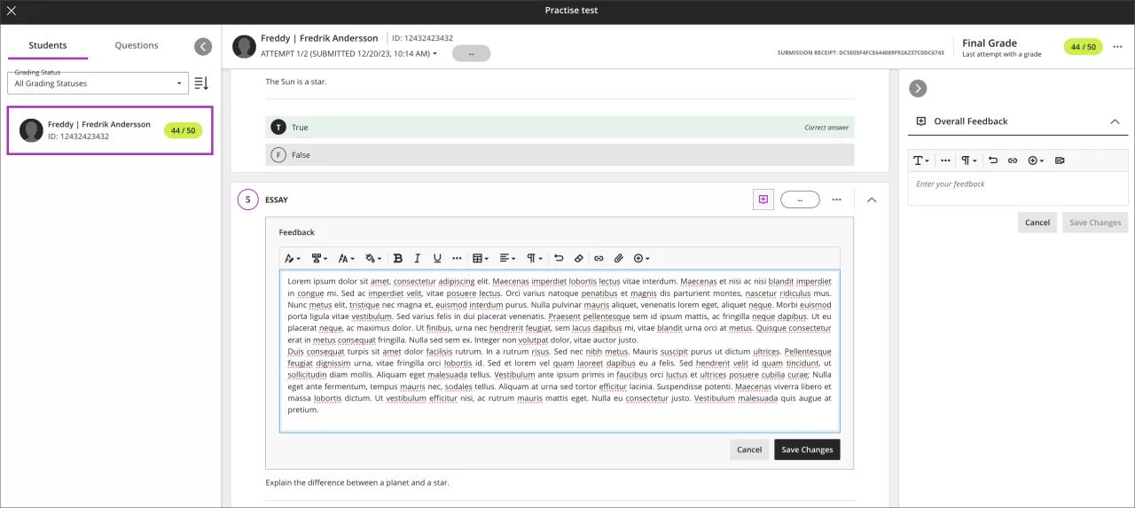 screenshot of a test submission showing feedback entered at the question level