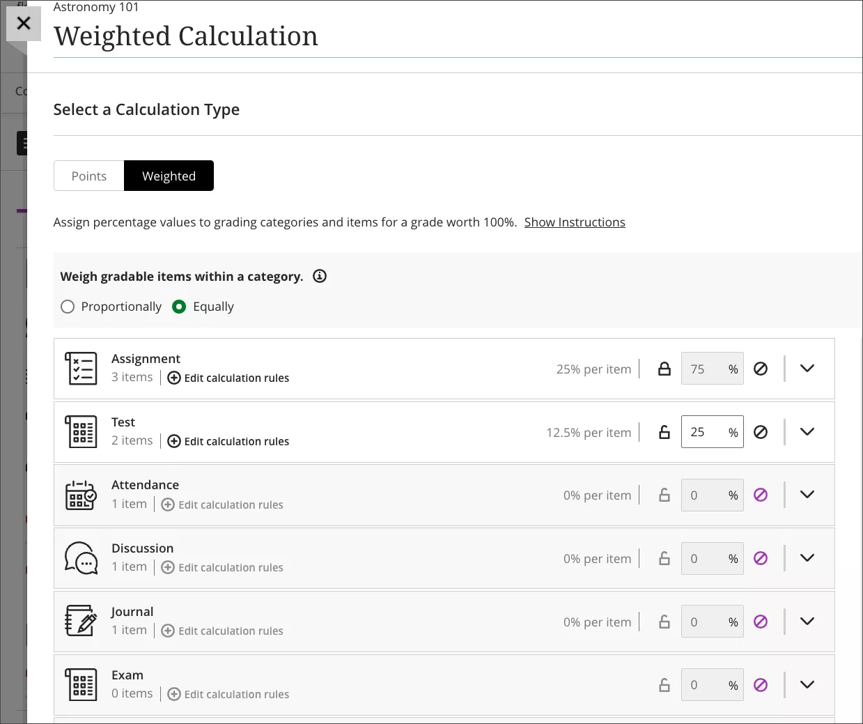 screenshot of a weighted calculation that is weighted equally, showing that the 3 items in the Assignment category, which is worth 75% of the calculation, are each individually contributing 25% of the calculation