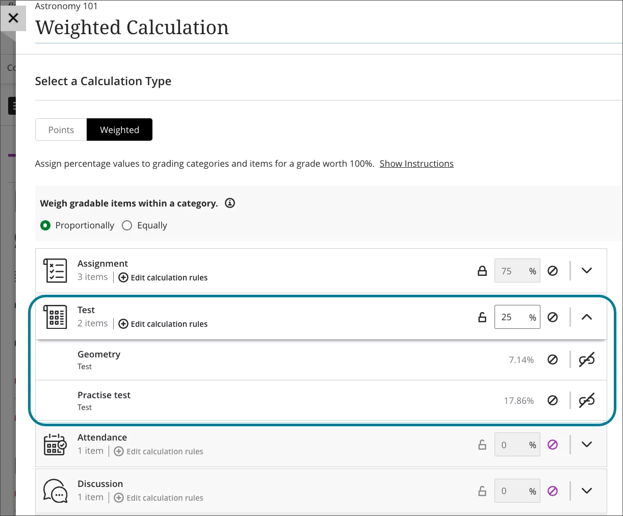 screenshot of a Gradebook calculation that is weighted proportionally, highlighting that the items in the Test category, which is worth 25% of the overall calculation, are individually worth 7.14% and 17.86%
