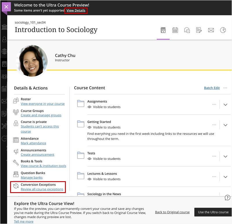 blackboard course in ultra course preview mode