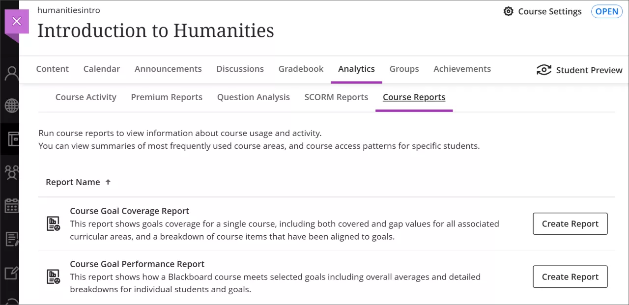 screenshot of Blackboard on the Analytics tab and the Course Reports sub-tab