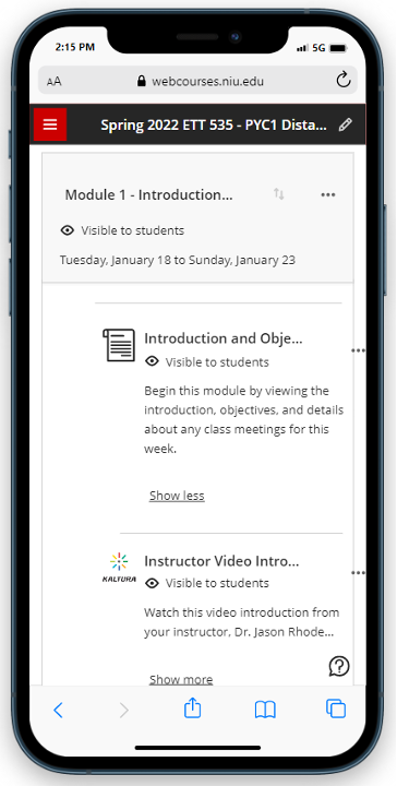 sample module viewed from a mobile device