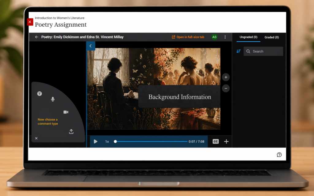 A laptop sits on a wooden desk displaying a course page in a learning management system. The course title at the top reads “Introduction to Women’s Literature,” and the page is labeled “Poetry Assignment.” In the center, a video player shows a slide with a split image of women in historical settings, overlaid with the title “Background Information.” Video controls and a progress bar appear along the bottom of the player. On the left side of the video is a panel prompting the user to choose a comment type, with icons for text, audio, and video comments. On the right side is a sidebar with tabs labeled “Ungraded” and “Graded,” along with a search bar. The interface uses a dark theme with navigation controls and an option to open the video in a full-size view.