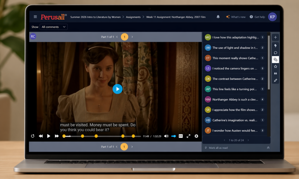 A laptop sits on a desk displaying a Perusall video assignment interface. At the top, the course title reads “Summer 2026 Intro to Literature by Women.” The main screen shows a paused film scene of a woman in period dress, with video controls and captions visible along the bottom. On the right side, a column of colored circular icons with initials represents different users, each paired with truncated annotation comments ending in ellipses. The interface uses a dark theme with the Perusall logo in the upper left and navigation links across the top.