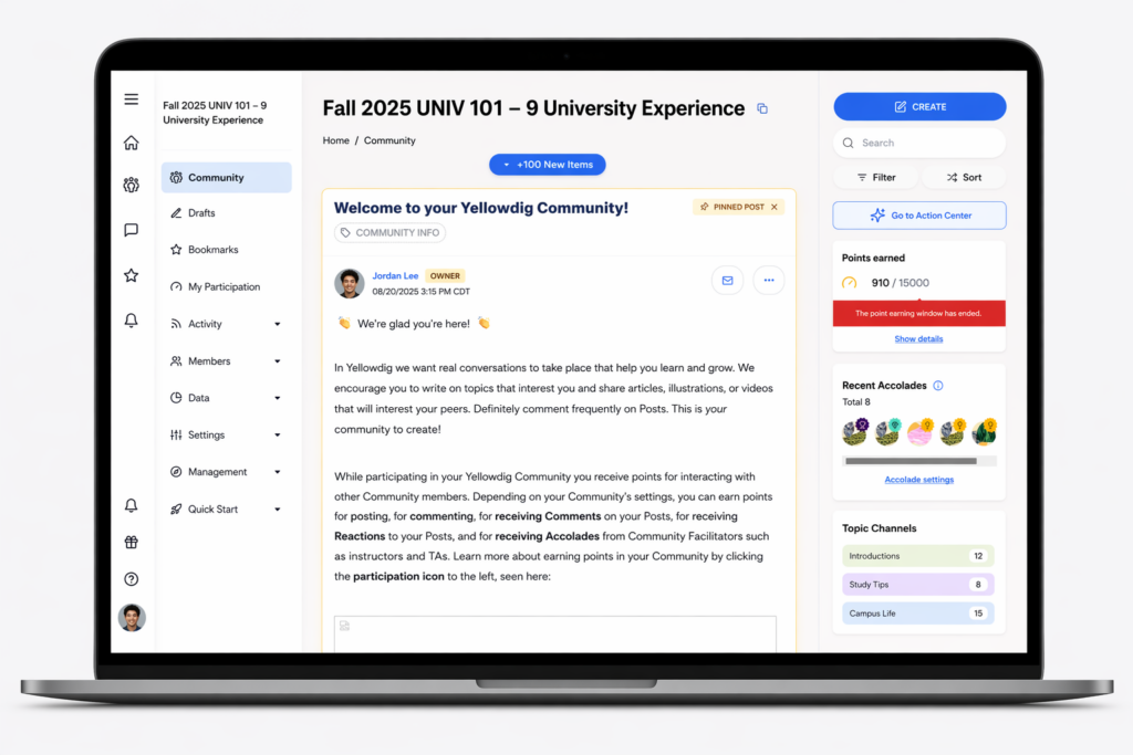 A silver laptop on a light background displays a Yellowdig-style course community page with a left navigation menu, a central feed featuring a pinned welcome post from an instructor, and a right sidebar showing points earned, recent badges, and topic channels.
