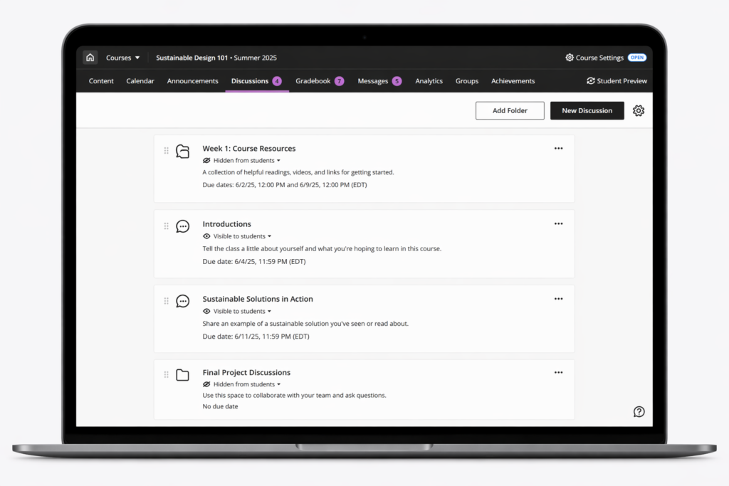 A silver laptop on a light background displays a course discussion page with a dark navigation bar and multiple discussion posts listed as cards, including items for introductions, weekly resources, sustainability topics, and a final project forum, with some marked visible and others hidden.