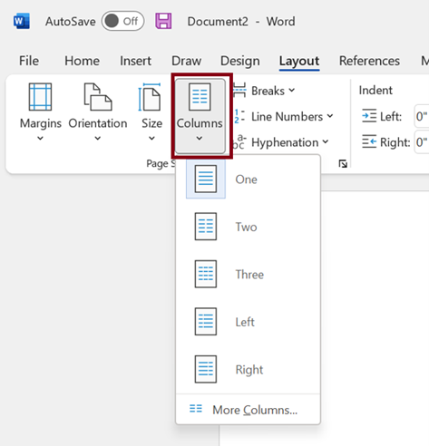 column options within the Layout tab