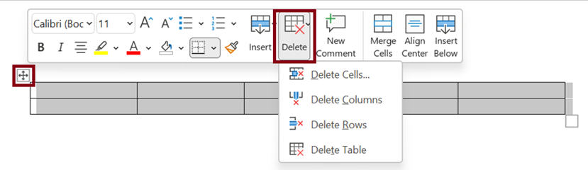 delete rows and columns on the Table Layout tab