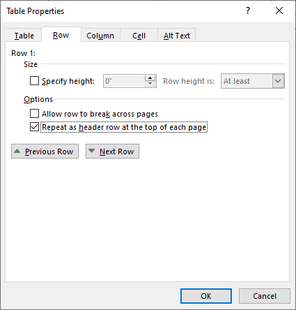 screenshot of Table Properties dialogue box in Word