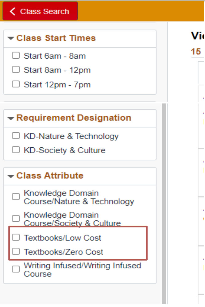 under "Class Attribute" pane, option to filter by "Textbooks/Low Cost" or "Textbooks/Zero Cost"